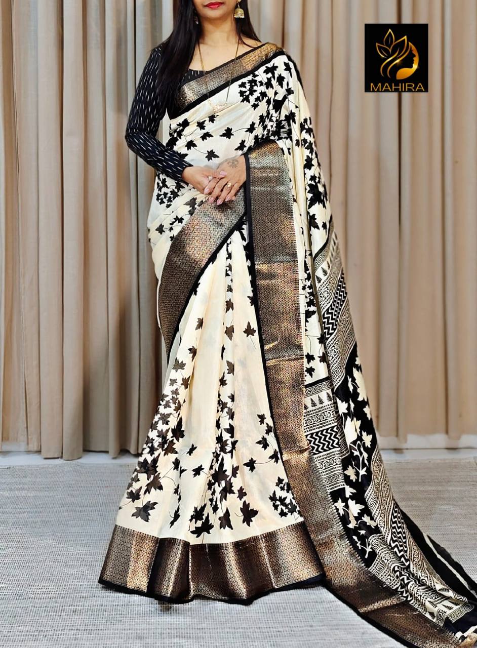 Ivory and Black Dola Silk Saree