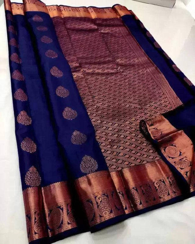 Blue Opulence Banarasi Silk Saree WIth Fabulouse Blouse Piece