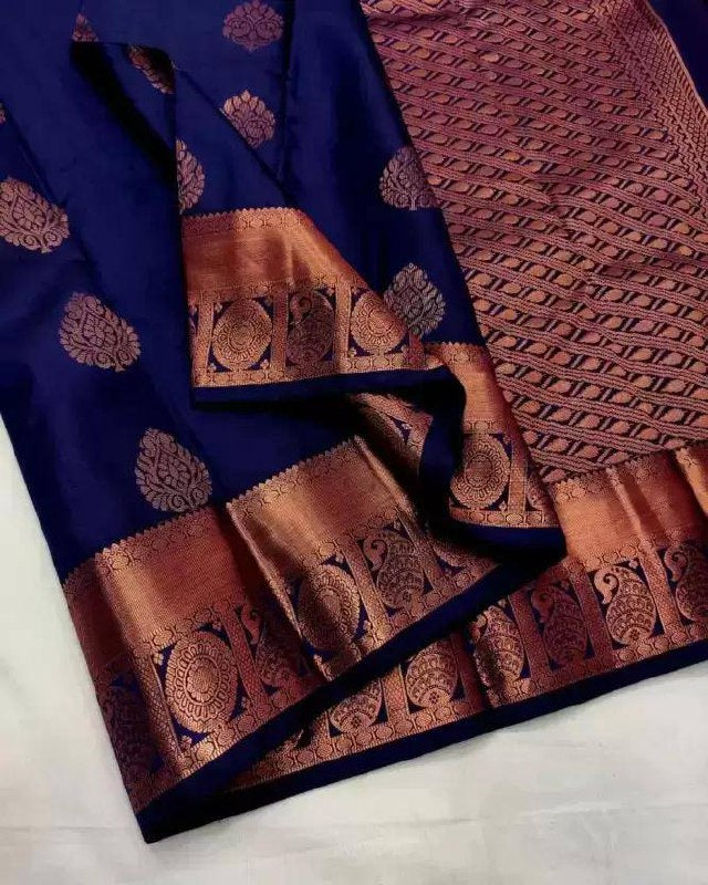 Blue Opulence Banarasi Silk Saree WIth Fabulouse Blouse Piece