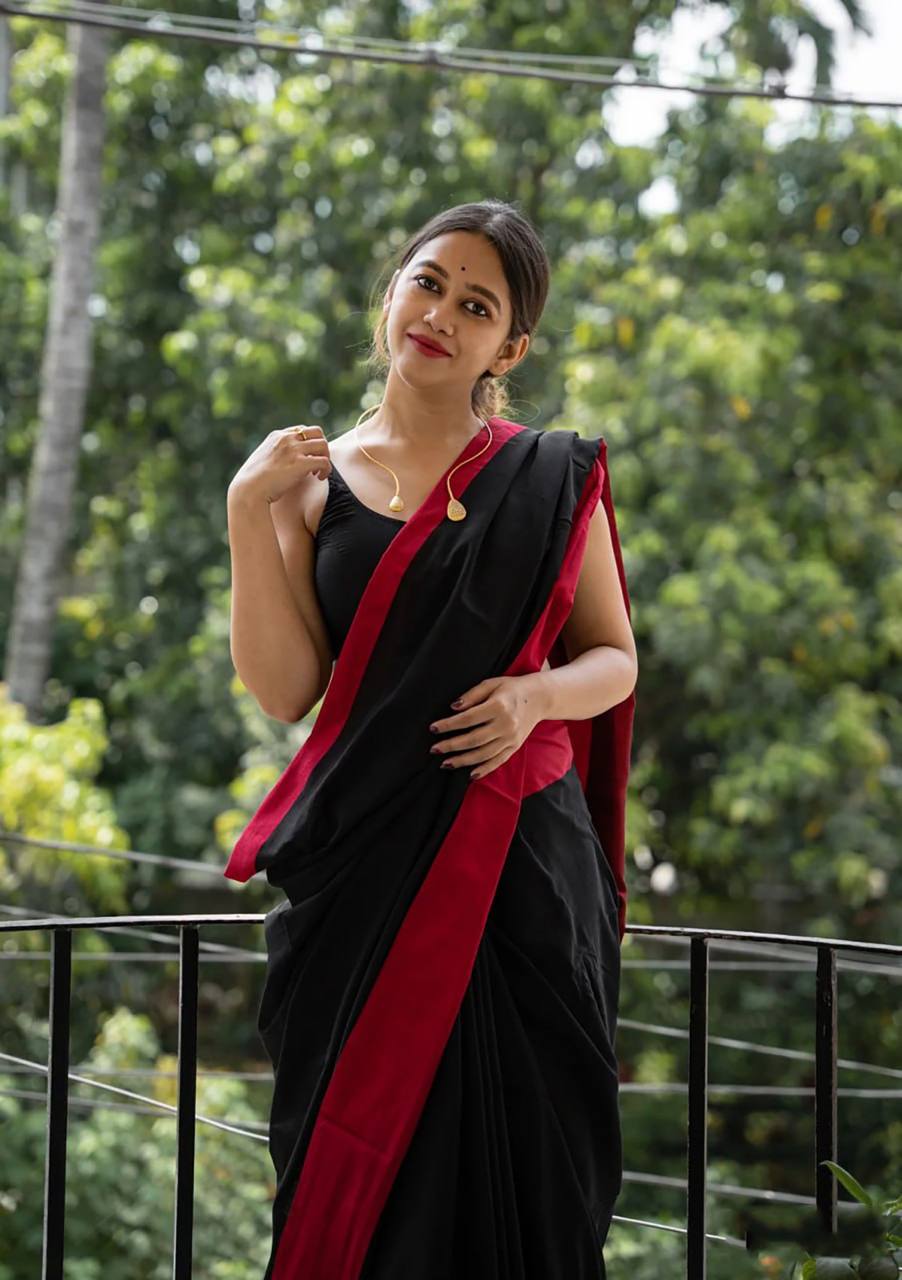 NIMIT Reddish Black Soft Linen Slub Saree With Mesmorising Blouse