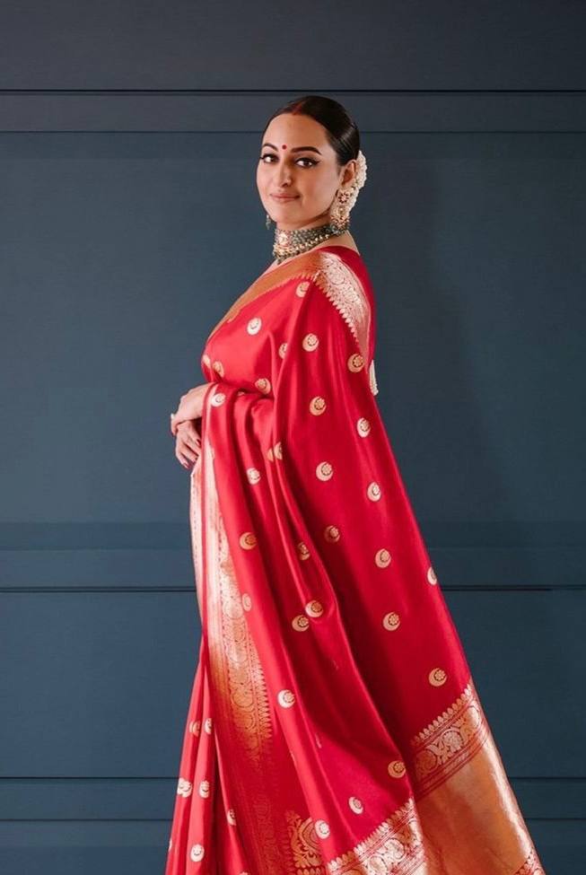 Sonakshi Crimson Red Banarasi Silk Saree WIth Fabulouse Blouse Piece