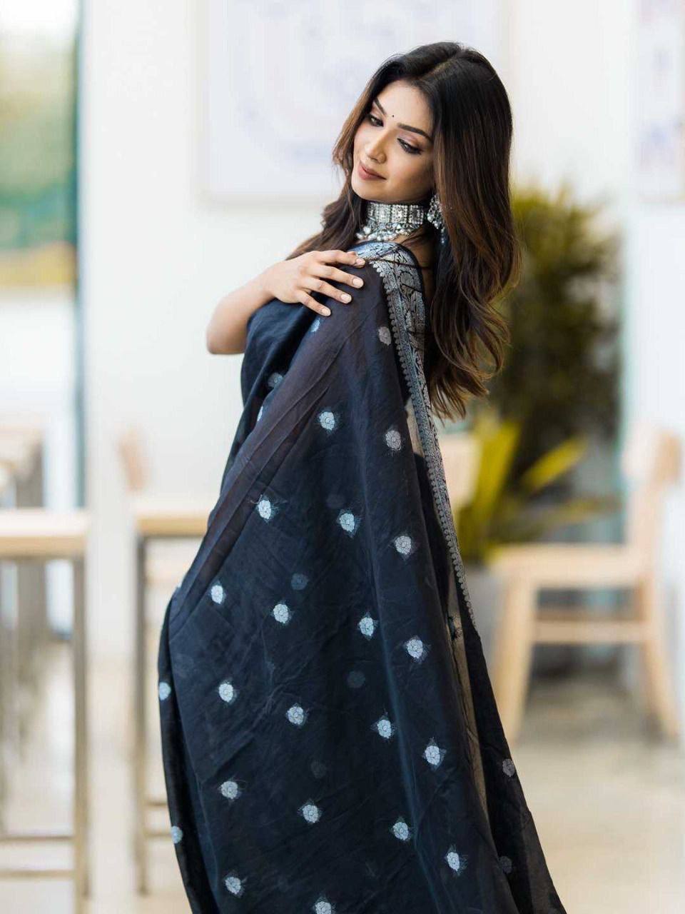 Beauteous Black Soft Cotton Silk Saree With especial Blouse Attached