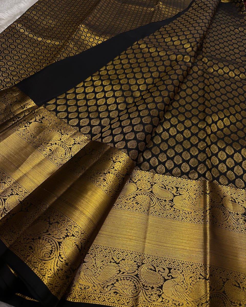 Shruti – Black Gold Banarasi Soft Silk Saree with Antique Zari Butti &amp; Royal Border