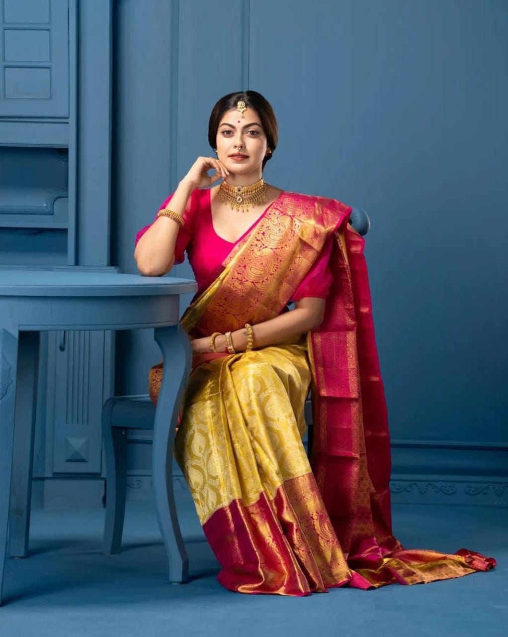 Vrishali Yellow Soft Silk Saree With Attached Blouse