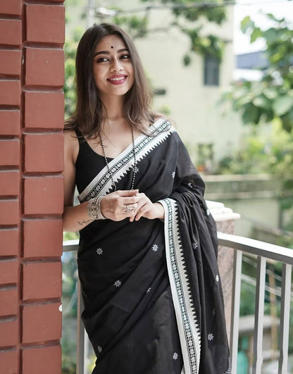 NIMIT SIlver Black Soft Linen Slub Saree With Mesmorising Blouse