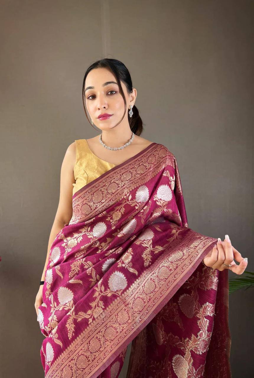 Orvi Wine Soft Banarasi Silk Saree With Imaginative Blouse Piece