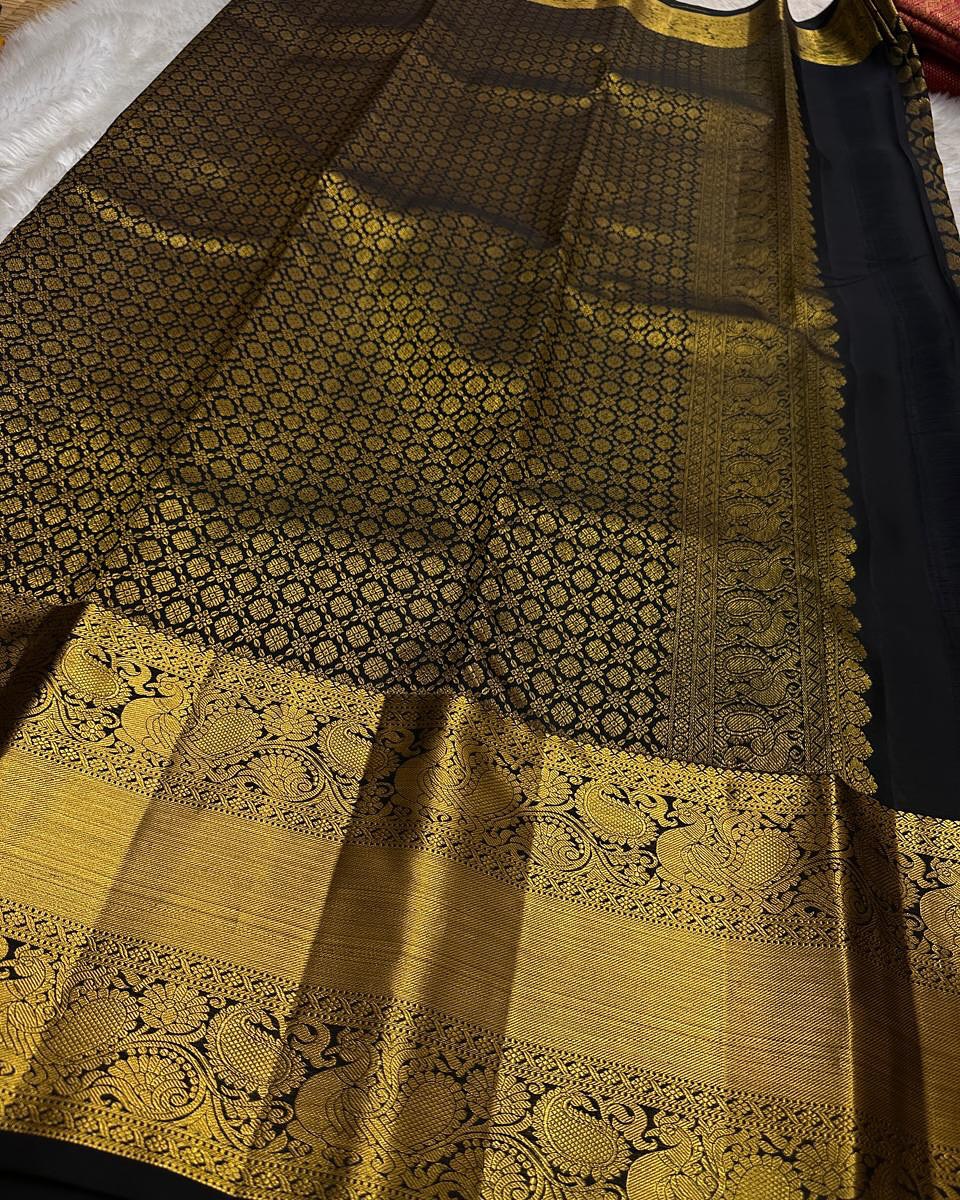 Shruti – Black Gold Banarasi Soft Silk Saree with Antique Zari Butti &amp; Royal Border