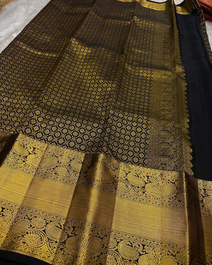 Shruti – Black Gold Banarasi Soft Silk Saree with Antique Zari Butti &amp; Royal Border