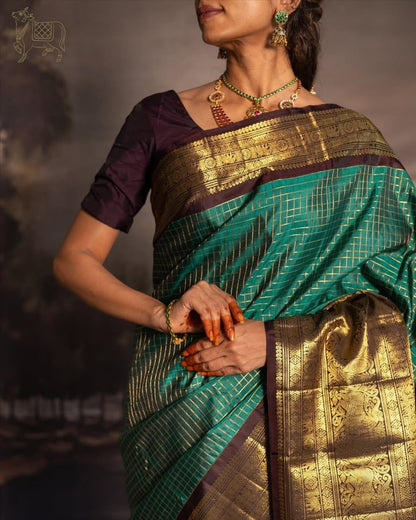Pushpa – Emerald Green Banarasi Soft Silk Saree with Gold Checks &amp; Contrast Zari Border