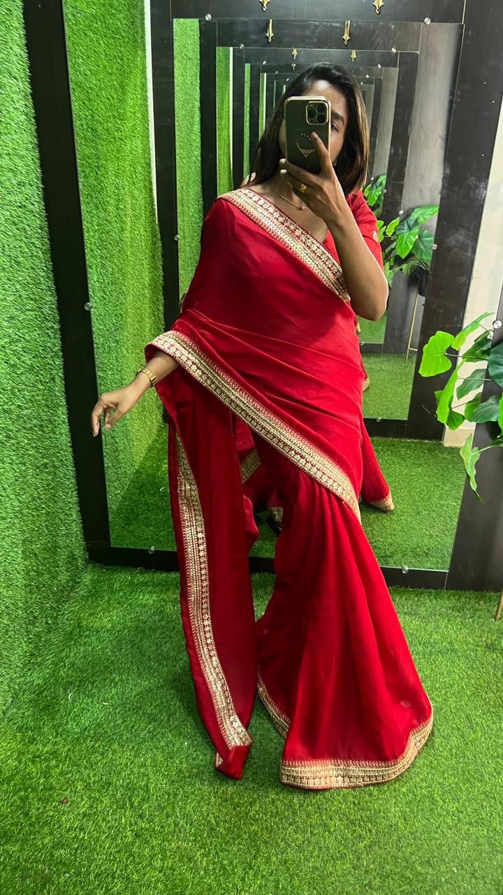 Breathtaking RED Embroidery Work Soft Silk Saree With Demanding Stiched-Blouse Piece