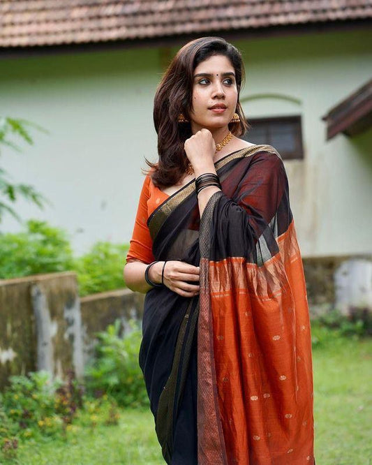 Ethnic Black-Orange Pure Cotton Silk Cotton (Handloom)