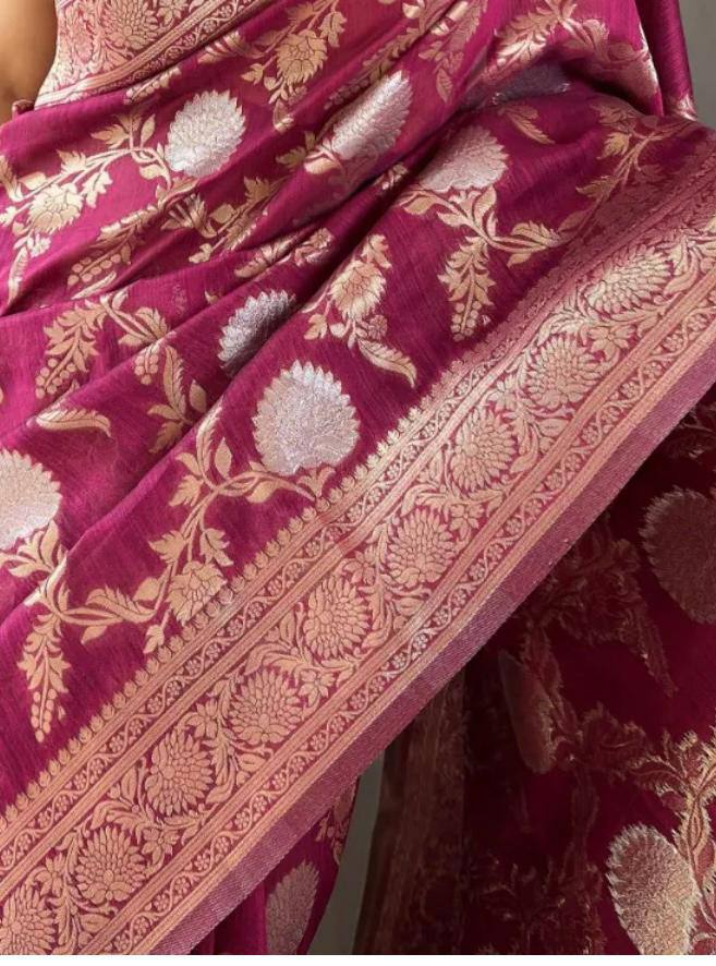 Orvi Wine Soft Banarasi Silk Saree With Imaginative Blouse Piece