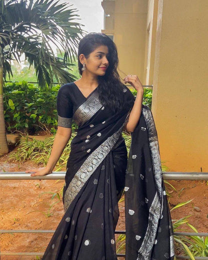 Beauteous Black Soft Cotton Silk Saree With especial Blouse Attached