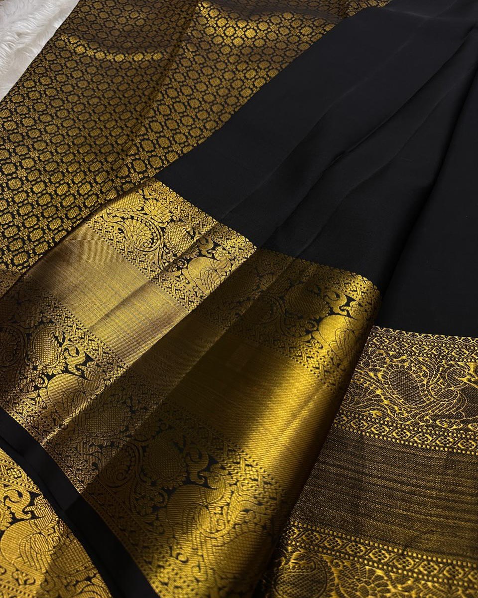 Shruti – Black Gold Banarasi Soft Silk Saree with Antique Zari Butti &amp; Royal Border