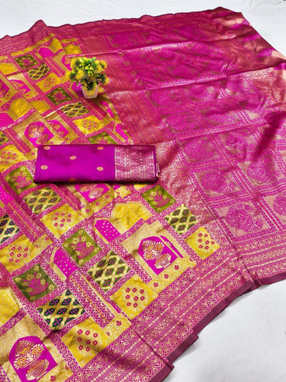 Sabita – Rani Pink Banarasi Soft Silk Saree with Contrast Zari Patch Motifs