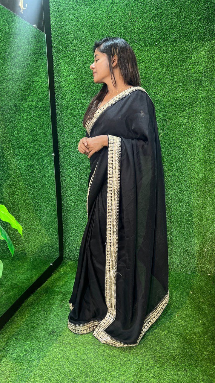 Breathtaking  Black Embroidery Work Soft Silk Saree With Demanding Stiched-Blouse Piece