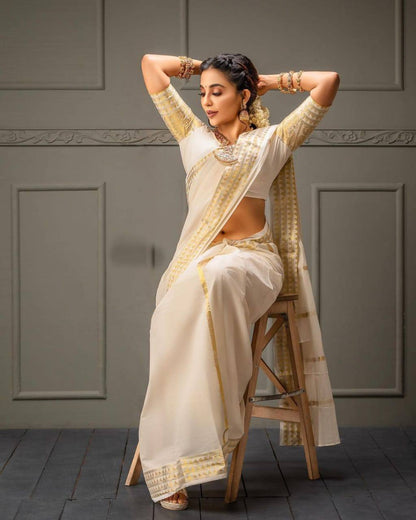 NIMIT White Pure Gold-Zari Soft Silk Tassal Saree With Mesmorising Blouse