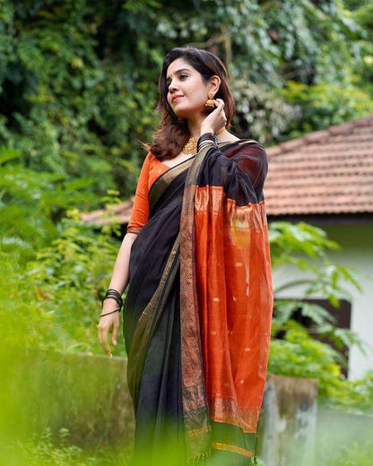 Ethnic Black-Orange Pure Cotton Silk Cotton (Handloom)