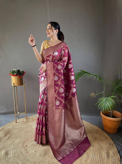 Orvi Wine Soft Banarasi Silk Saree With Imaginative Blouse Piece