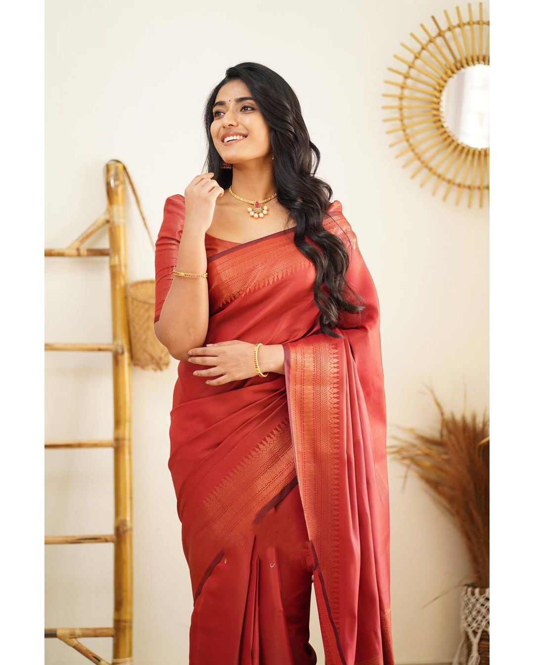 Dipti Reddish Soft Silk Saree With Imaginative Blouse Piece Attached