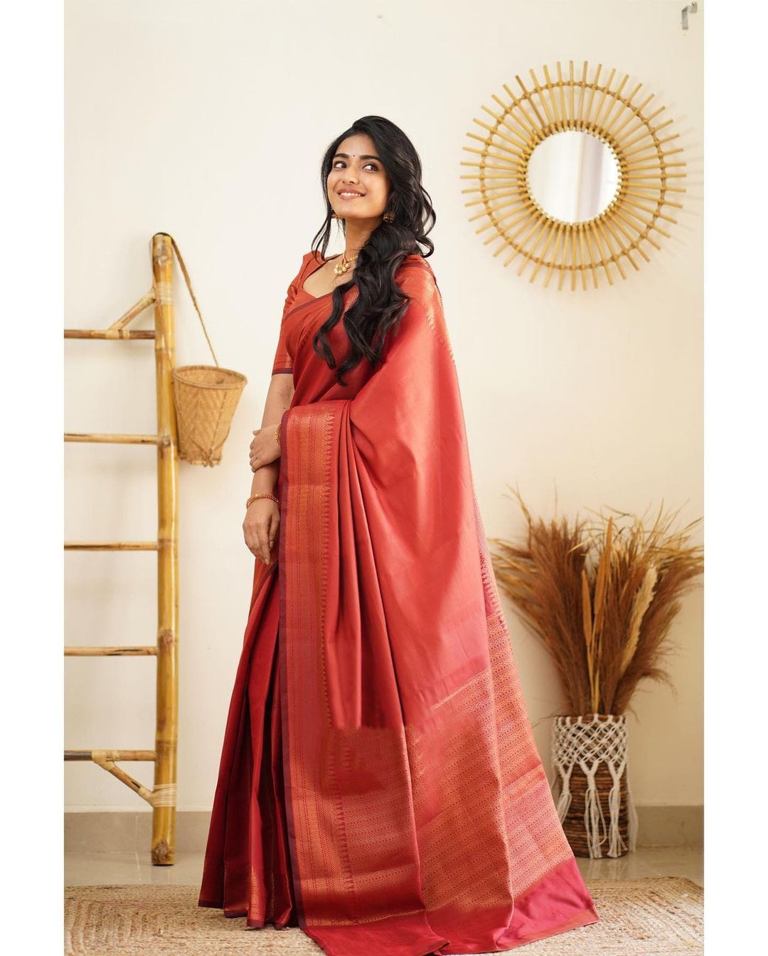 Dipti Reddish Soft Silk Saree With Imaginative Blouse Piece Attached