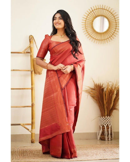 Dipti Reddish Soft Silk Saree With Imaginative Blouse Piece Attached