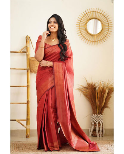 Dipti Reddish Soft Silk Saree With Imaginative Blouse Piece Attached