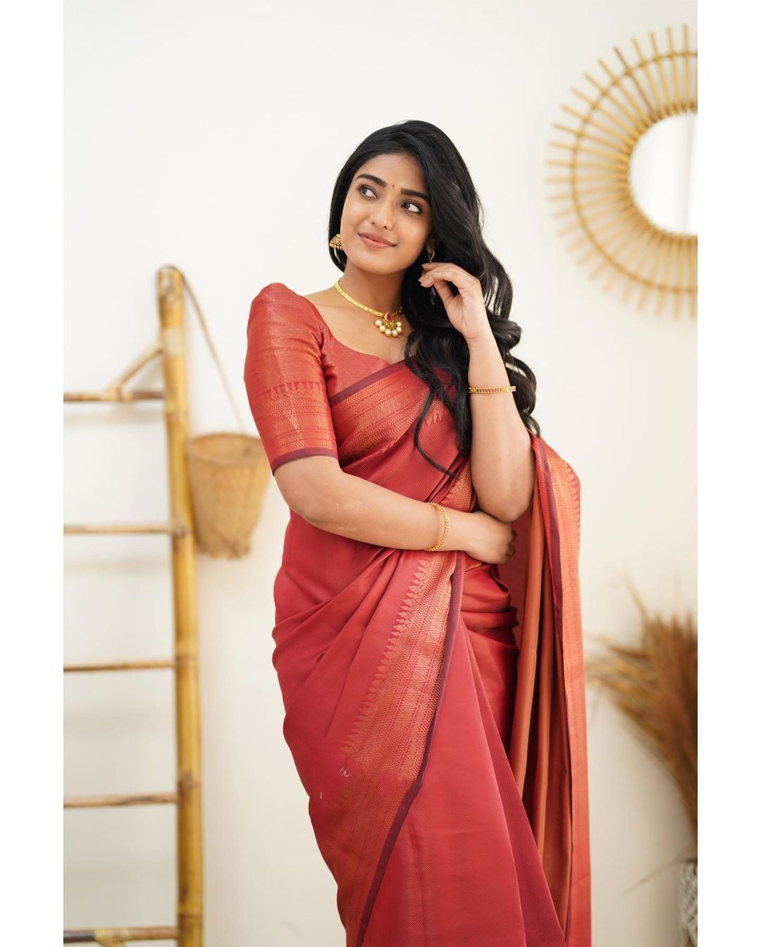 Dipti Reddish Soft Silk Saree With Imaginative Blouse Piece Attached