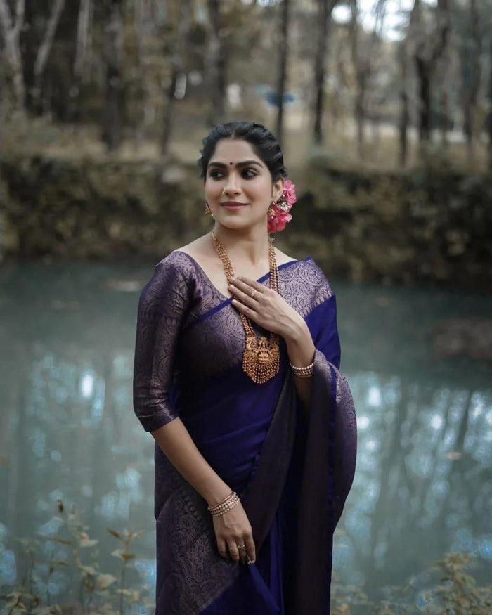 Nayira - Navy Blue Soft Silk Saree with Silver Zari Border and Matching Blouse