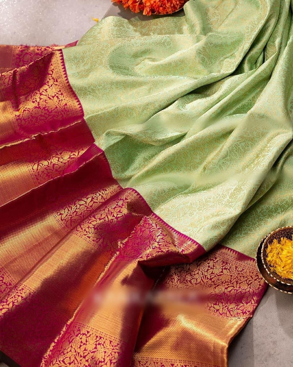 Savitri – Pista Soft Banarasi Silk Saree with Jacquard Pink Blouse