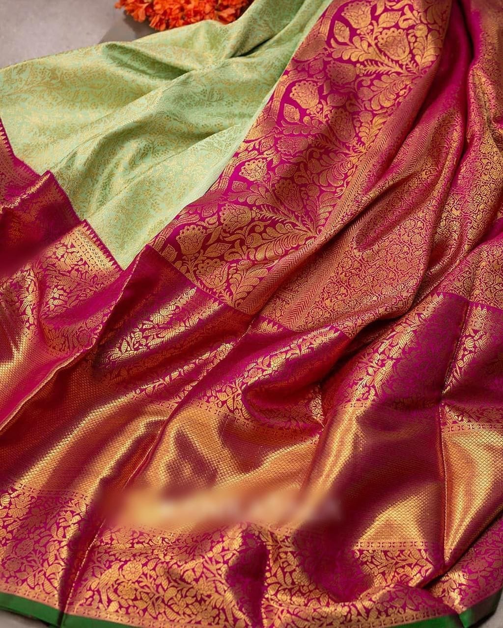 Savitri – Pista Soft Banarasi Silk Saree with Jacquard Pink Blouse