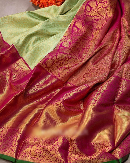Savitri – Pista Soft Banarasi Silk Saree with Jacquard Pink Blouse