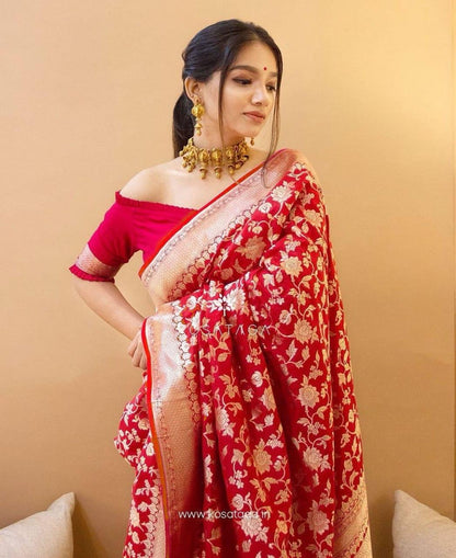 Shanvika - Red Soft Banarasi Silk Saree with Golden Jacquard Floral Weave