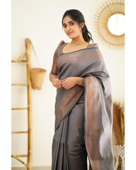 Dipti Smokey Grey Soft Silk Saree With Imaginative Blouse Piece Attached