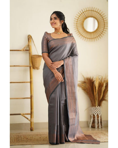 Dipti Smokey Grey Soft Silk Saree With Imaginative Blouse Piece Attached