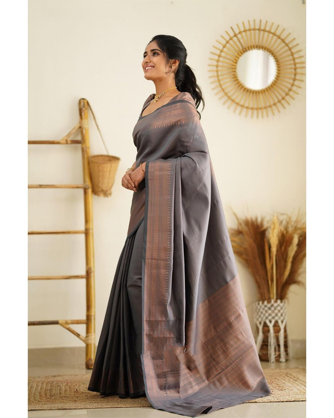 Dipti Smokey Grey Soft Silk Saree With Imaginative Blouse Piece Attached