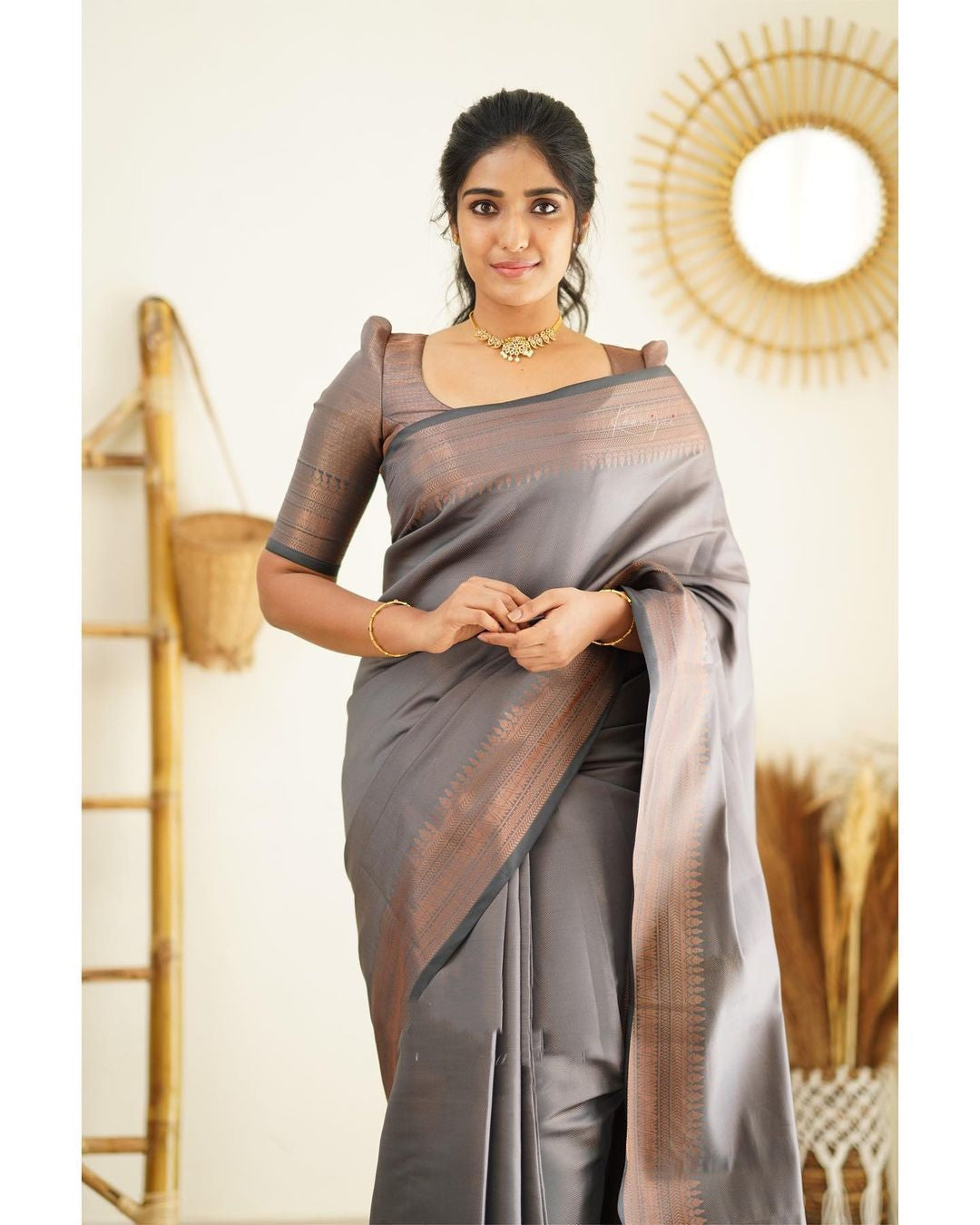 Dipti Smokey Grey Soft Silk Saree With Imaginative Blouse Piece Attached