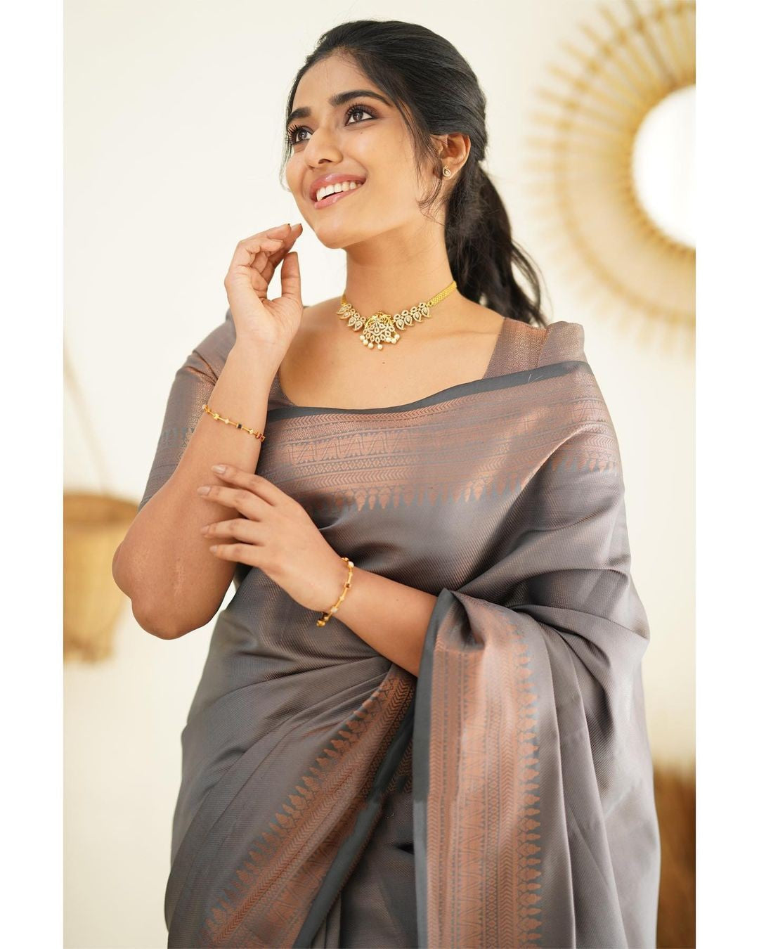 Dipti Smokey Grey Soft Silk Saree With Imaginative Blouse Piece Attached