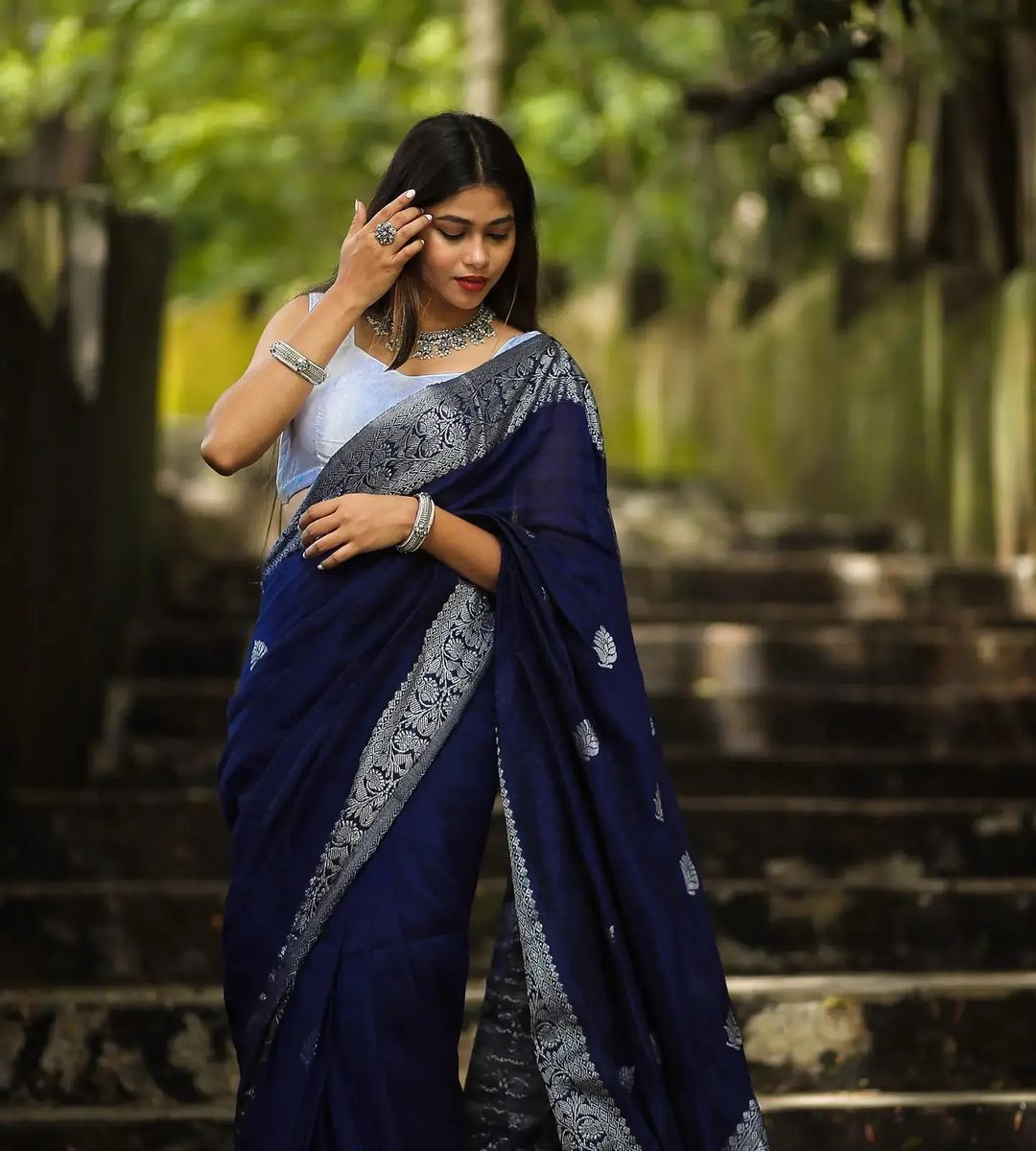 Riddhi Navy Blue Soft Banarasi Silk Saree With Abyys Blouse Piece