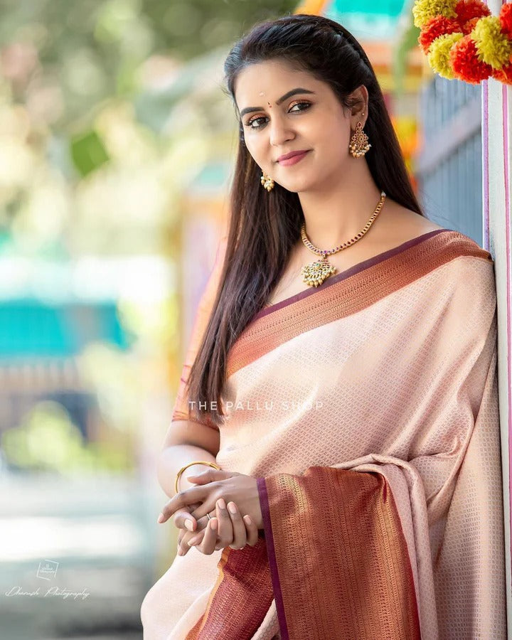 Valmika Beige Blossom Kanjivaram Silk Drape with Unique Blouse Piece