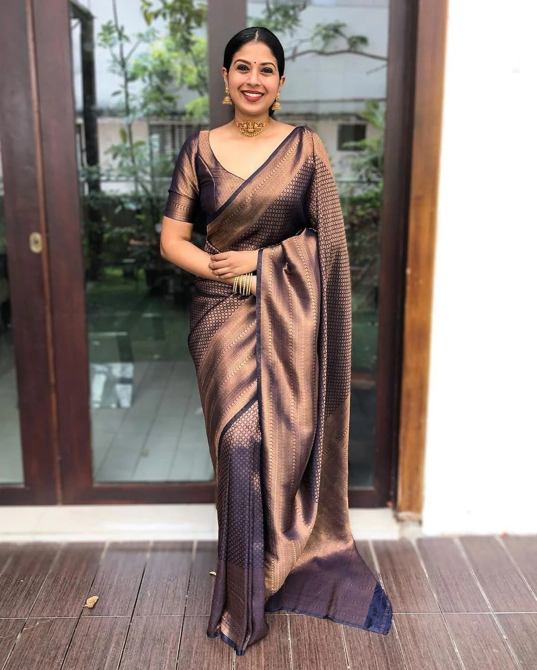 Valmika Navy Blue Soft Kanjivaram Silk Drape with Unique Blouse Piece