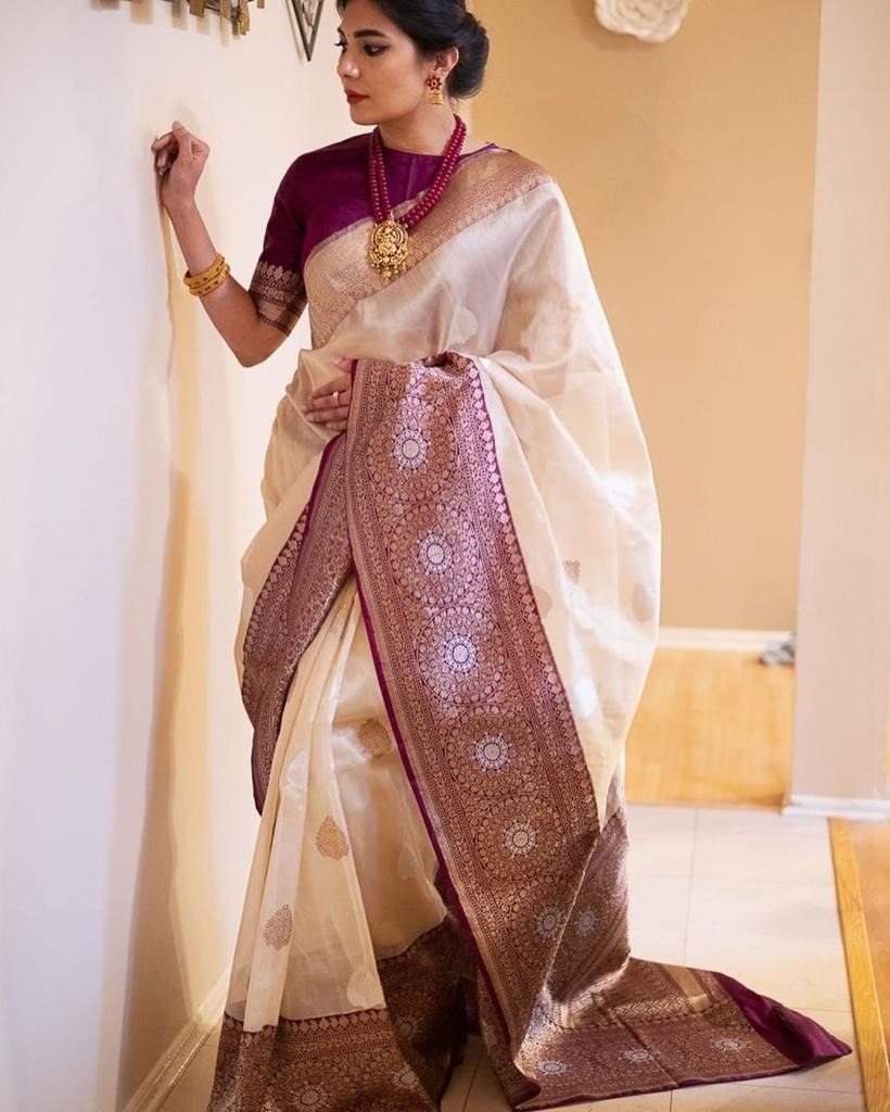 Bhagyam – Beige Soft Banarasi Silk Saree with Wine Jacquard Pallu