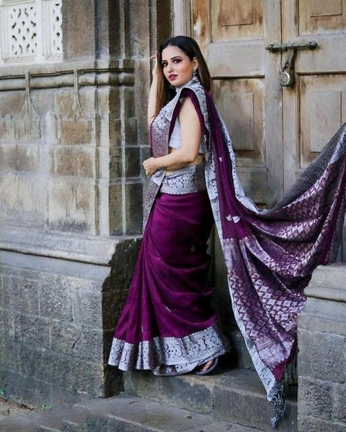 Riddhi Wine  Soft Banarasi Silk Saree With Abyys Blouse Piece