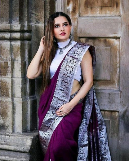 Riddhi Wine  Soft Banarasi Silk Saree With Abyys Blouse Piece