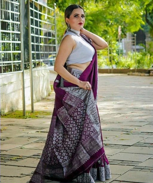 Riddhi Wine  Soft Banarasi Silk Saree With Abyys Blouse Piece