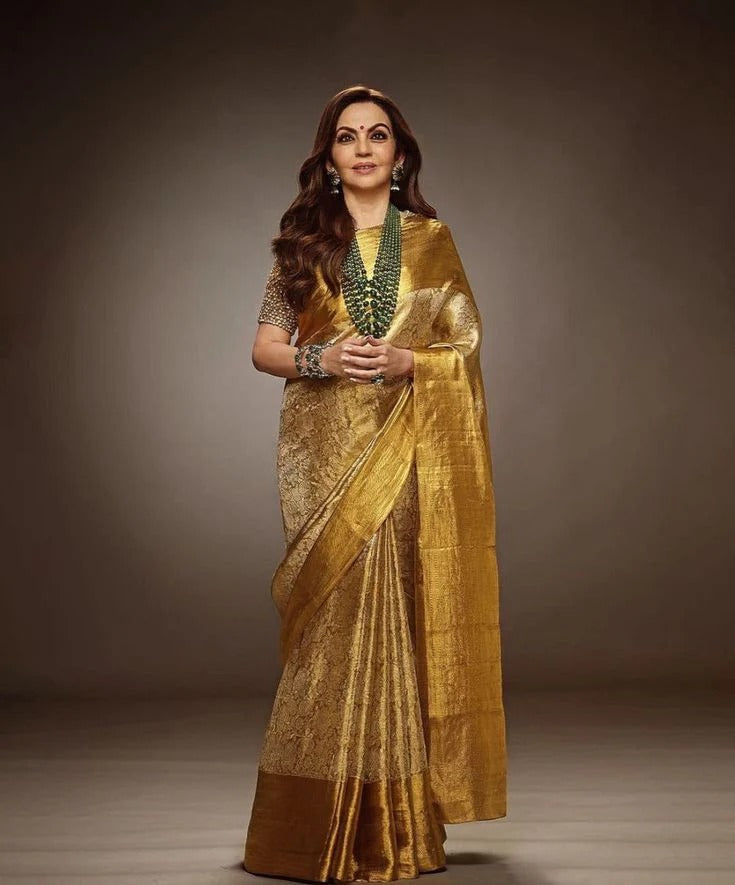Sulochana – Golden Tissue Silk Saree with Jacquard Weaving Elegance