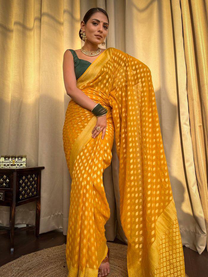 Elegant Kaya Banarasi Silk Saree in Yellow Color with Exquisite Blouse Piece