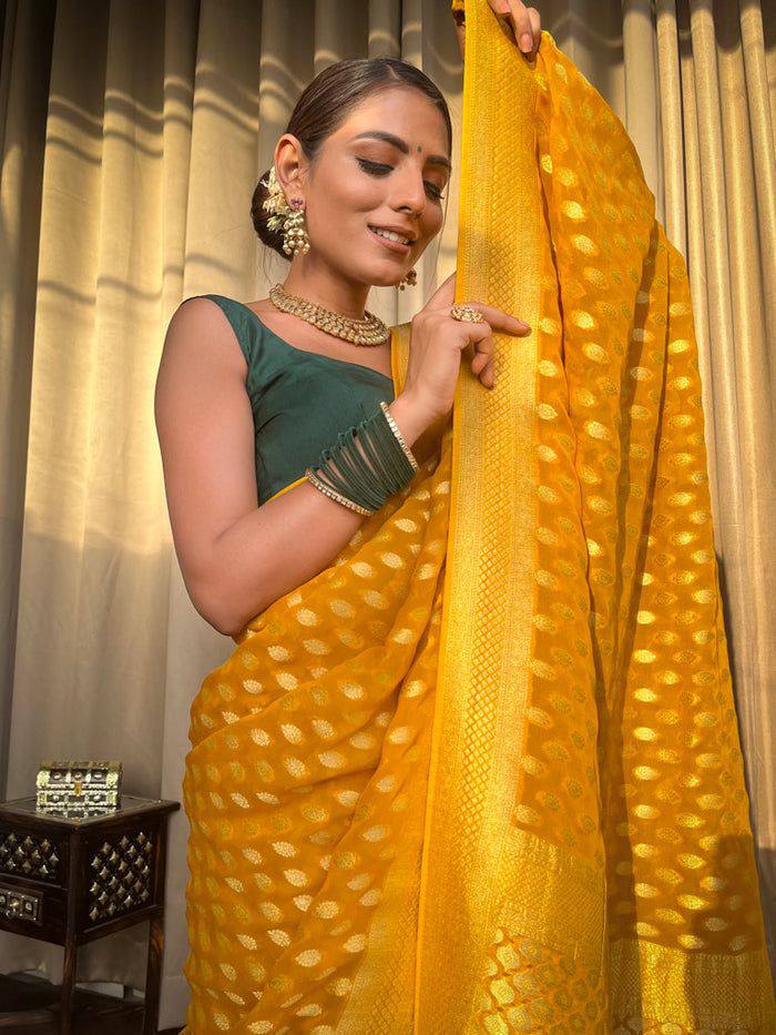 Elegant Kaya Banarasi Silk Saree in Yellow Color with Exquisite Blouse Piece