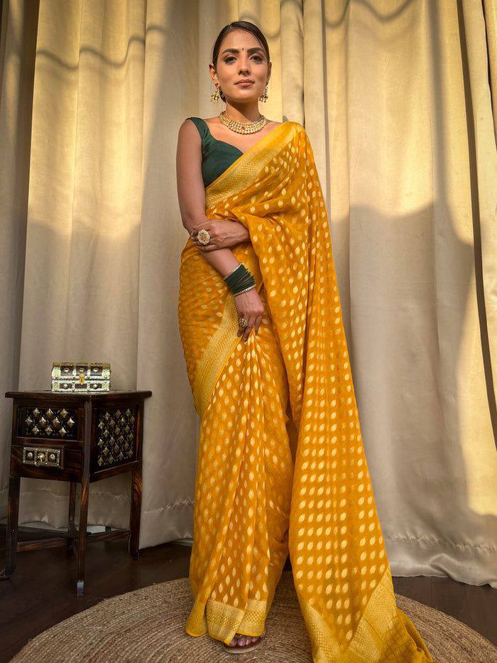 Elegant Kaya Banarasi Silk Saree in Yellow Color with Exquisite Blouse Piece