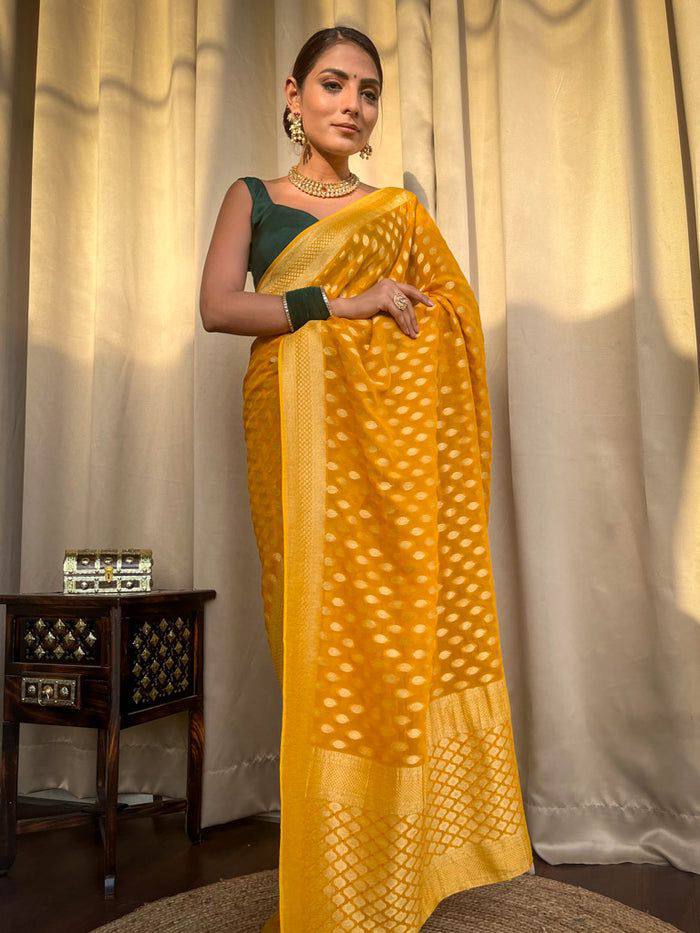 Elegant Kaya Banarasi Silk Saree in Yellow Color with Exquisite Blouse Piece